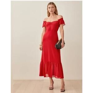 Reformation Off The Shoulder Butterfly Maxi Dress Cherry Red Lined Ruffle Size 4